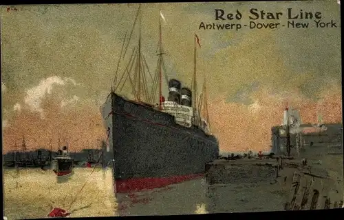 Künstler Ak Red Star Line, Dampfer im Hafen, Antwerpen Dover New York