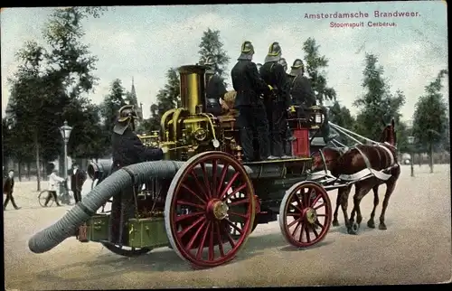 Ak Amsterdam Nordholland Niederlande, Brandweer, Stoomspuit Cerberus, Feuerwehr