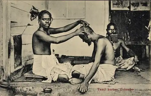 Ak Colombo Ceylon Sri Lanka, Tamil barber, Friseur bei der Arbeit