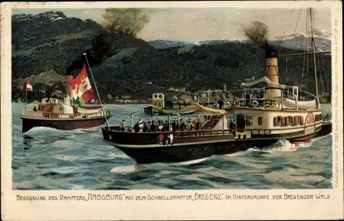 Künstler Litho Dampfer Habsburg und Bregenz auf dem Bodensee