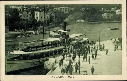 Ak Opatija Abbazia Kroatien, Salondampfer SMS Füred, Reederei Ungaro Croata, Hafenpartie