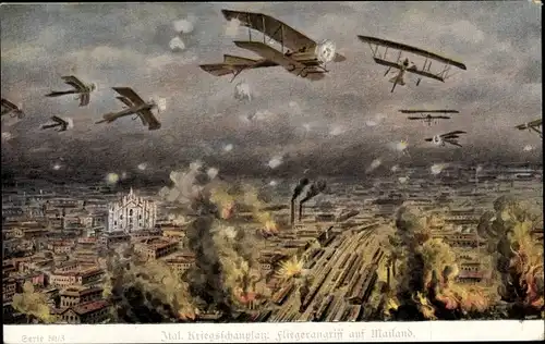 Künstler Ak Milano Mailand Lombardia, Fliegerangriff auf die Stadt, KuK Kampfflugzeuge, I WK