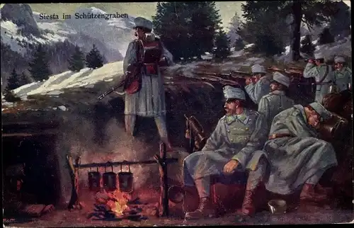 Künstler Ak Siesta im Schützengraben, KuK Armee, Alpenkrieg, I WK