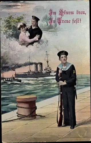 Ak Kriegsschiff, Seemann, Frau, Im Sturm treum, in Treue fest
