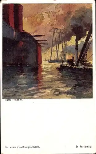 Künstler Ak Heusser H., Zurüstung, Österreichisches Kriegsschiff im Bau