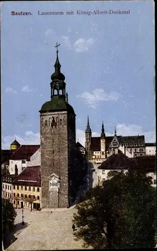 Ak Bautzen in der Oberlausitz, Lauenturm mit König-Albert-Denkmal