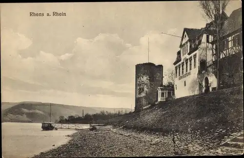 Ak Rhens am Rhein, Turmruine, Gasthaus Königstuhl, Uferpromenade