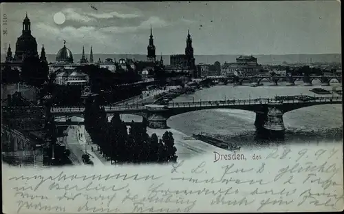 Mondschein Ak Dresden Altstadt, Stadtansicht mit Brücken und Kirchen