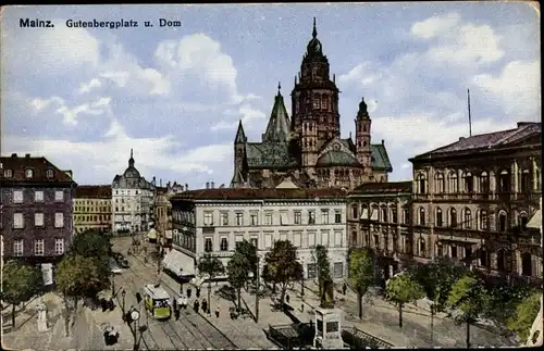 Ak Mainz am Rhein, Gutenbergplatz, Dom, Straßenbahn