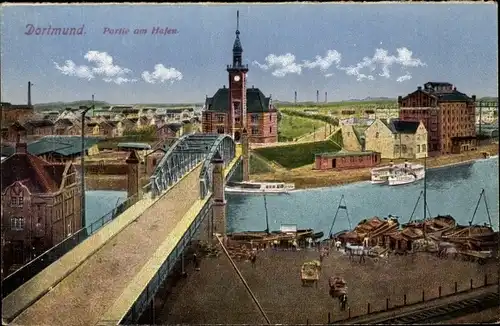 Ak Dortmund im Ruhrgebiet, Partie am Hafen, Brücke, Anlegestelle, Stadtbild