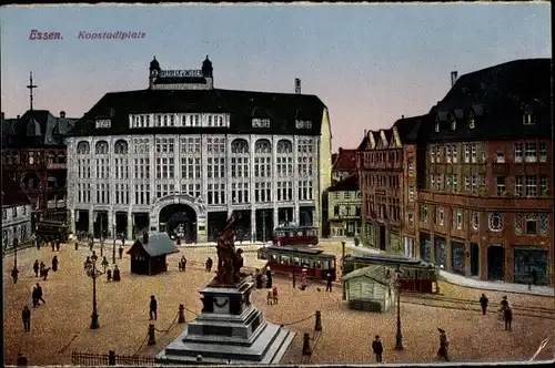 Ak Essen im Ruhrgebiet, Kopstadtplatz, Denkmal, Straßenbahnen