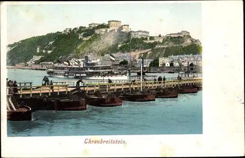 Ak Ehrenbreitstein Koblenz am Rhein, Rheinpanorama, Brücke, Schiffe, Festung