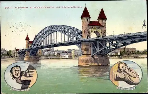 Ak Bonn am Rhein, Rheinbrücke mit Brückenmännchen und Brückenweibchen