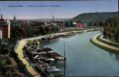 Ak Saarbrücken im Saarland, Partie an der Saar mit Winterberg