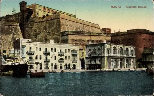 Ak Malta, Custom House, Zollamt am Hafen, Festungsmauern