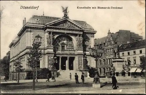 Ak Düsseldorf am Rhein, Kunsthalle mit Bismarck-Denkmal