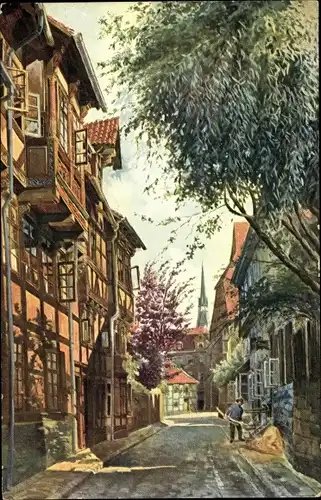 Künstler Ak Heyer, R., Hildesheim in Niedersachsen, Blick in den Hinteren Brühl, Andreaskirche