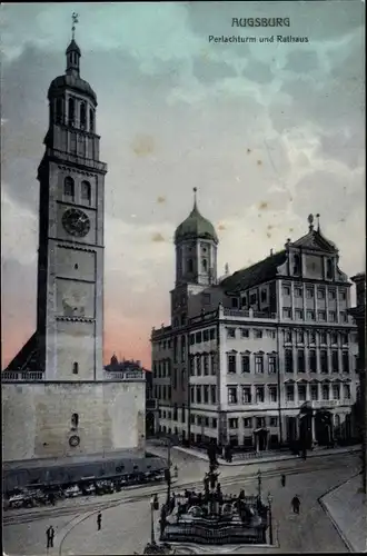 Ak Augsburg in Schwaben, Perlachturm und Rathaus