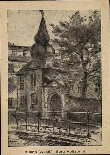 Künstler Ak Altena in Westfalen, Burg Holtzbrink, Kohlezeichnung von Josef Hülsmann