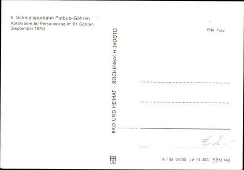 Ak Ostseebad Göhren auf Rügen, Schmalspurbahn Putbus Göhren, abfahrender Personenzug, 1970