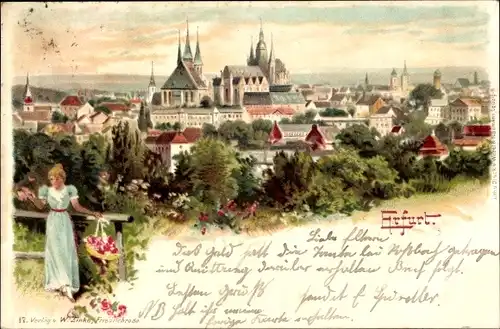 Litho Erfurt in Thüringen, Gesamtansicht vom Ort, Dom, Severikirche, Frau mit Blumenkorb