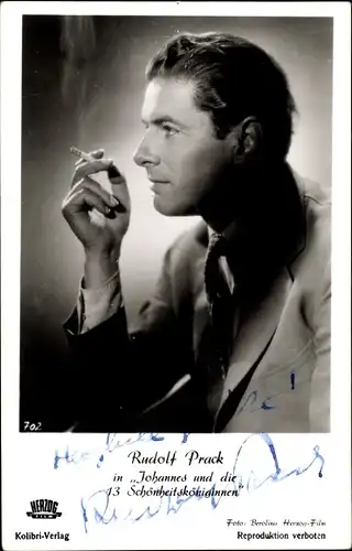 Ak Schauspieler Rudolf Prack, Portrait, Herzog Film, Zigarette rauchend, Autogramm