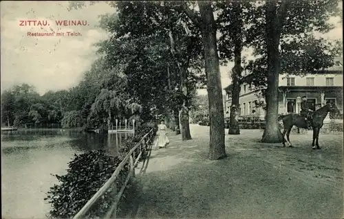 Ak Zittau in Sachsen, Weinau, Restaurant mit Teich, Reiter