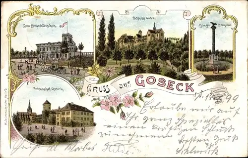 Litho Goseck an der Saale, Blick zum Bergschlösschen, Schloss, Kriegerdenkmal