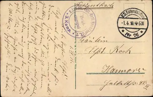 Dt. Feldpost, Truppenstempel, Feldpoststation Nr. 76, 1. Landst. Inft. Batl. Hannover X 7, 3. Komp.