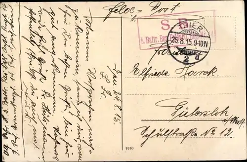 Dt. Feldpost, Truppenstempel, 5. Battr. Res. Feldart. Regt. Nr. 14, Trier, I WK