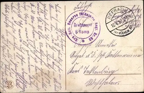 Dt. Feldpost, Truppenstempel, Ers. Reserve Infanterie Regt. Nr. 69 ?, I WK, Refrath