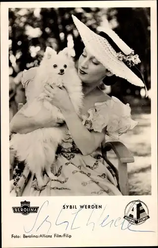 Ak Schauspielerin Sybil Werden, Portrait mit Hund, Berolina Film, Der Vogelhändler, Autogramm
