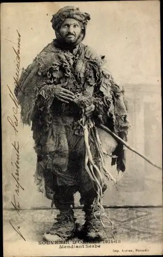 Ak Souvenir d'Orient 1914-18, Mendiant Serbe, Serbischer Bettler, Kleidung aus Lumpen, I. WK