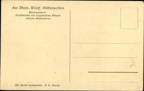 Ak Aus Rhein. Westf. Hüttenwerken, Blockwalzwerk, Zerschneiden von vorgewalzten Blöcken,Blockscheren