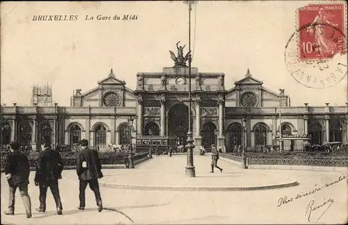 Ak Bruxelles Brüssel, La Gare du Midi, Straßenbahn am Bahnhof