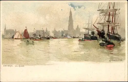 Künstler Litho Cassiers, H., Antwerpen Anvers Flandern, La Rade, Hafen, Segelschiffe