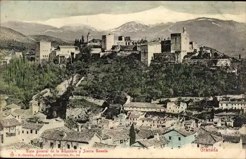 Ak Granada Andalusien Spanien, Vista general de la Alhambra y Sierra Nevada