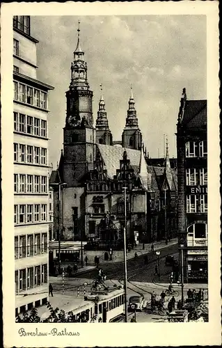 Ak Breslau in Schlesien, Rathaus, Tram Linie 1 Richtung Bischofswalde