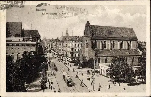 Ak Breslau (Wrocław) in Schlesien, Schweidnitzer Straße, Straßenbahn