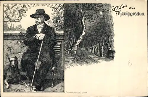 Mondschein Litho Friedrichsruh Aumühle Schleswig Holstein, Otto von Bismarck mit Hund