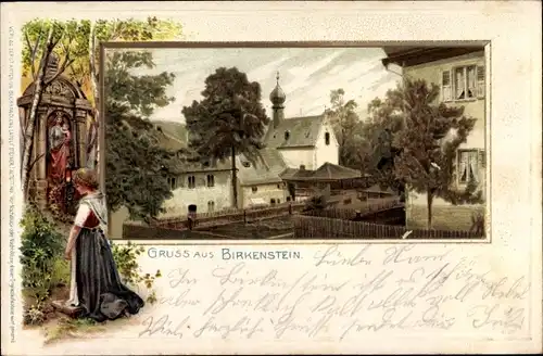 Litho Birkenstein Fischbachau in Oberbayern, Teilansicht, Kirche, Gnadenbild