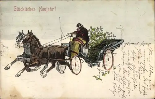 Litho Glückwunsch, Neujahr, Kutsche