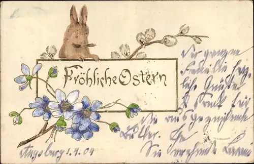 Präge Litho Glückwunsch, Ostern, Osterhase, Weidenkätzchen, Veilchen, Handcoloriert