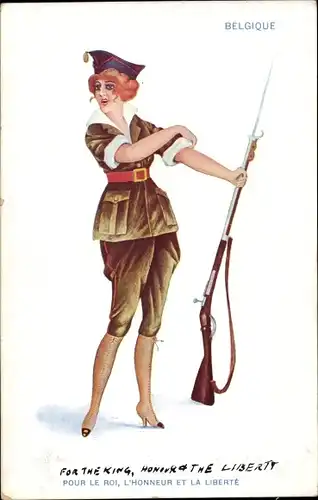 Ak Belgische Frau in Uniform, Pour le Roi, l'Honneur et la Liberte