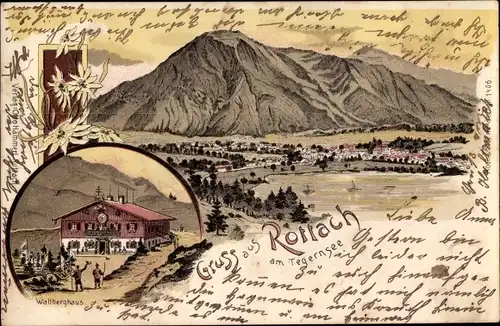 Litho Rottach Egern in Oberbayern, Wallberghaus, Edelweiß, Blick auf den Ort, Tegernsee