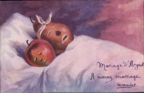 Künstler Ak Miaulet, W., A money marriage, vermenschlichtes Obst, Apfel und Birne im Bett