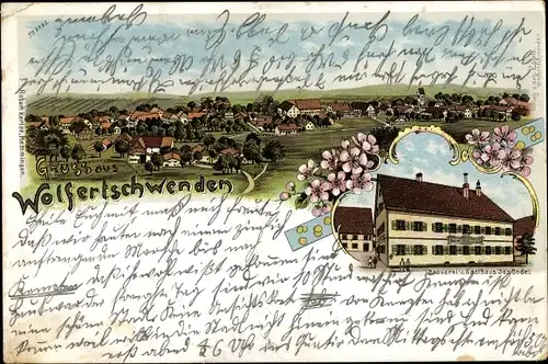 Litho Wolfertschwenden Unterallgäu, Blick auf den Ort, Brauerei und Gasthaus