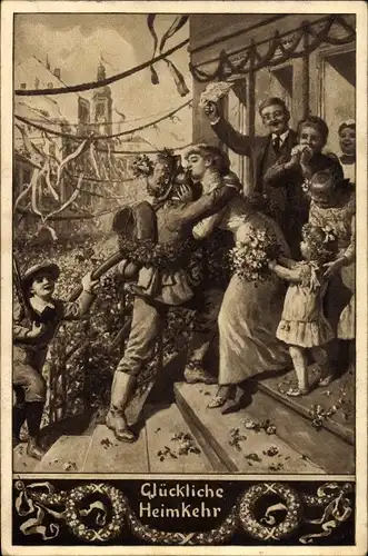 Künstler Ak Glückliche Heimkehr, Soldat küsst Frau, I WK