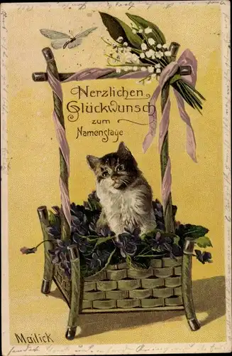 Künstler Litho Mailick, Glückwunsch Namenstag, Katze in einem Korb, Schmetterling, Maiglöckchen