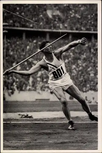 Sammelbild Olympia 1936, Speerwerfen beim Zehnkampf, Morris